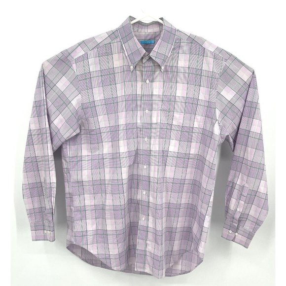 J Mclaughlin Shirt XL Purple Green Check Button-up Long Sleeve 100% Cotton - Picture 1 of 5
